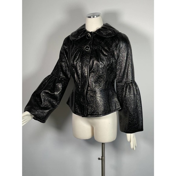 NWT Svetlana Unique Black Shiny Lame Bell Sleeve Button Front Jacket Wide Collar - Picture 12 of 13